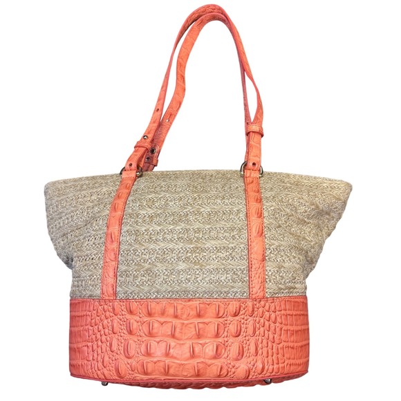 Brahmin Straw Tote Bag Coral Croc Embossed Leather Matching Wallet Set - Picture 4 of 8